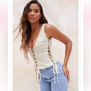 Cream Woven Lace Up Detail Plunge Sleeveless Top
